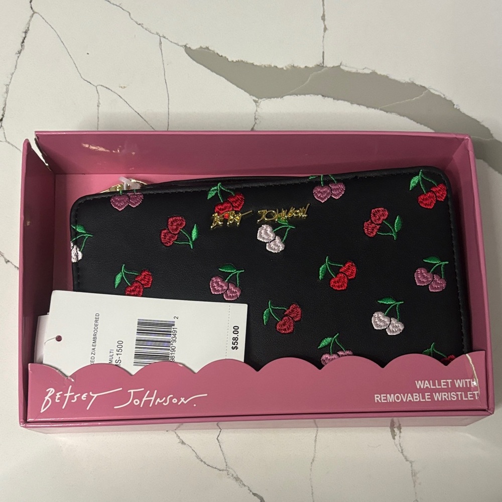 Betsey Johnson Black Wallet with Cherry Embroidery